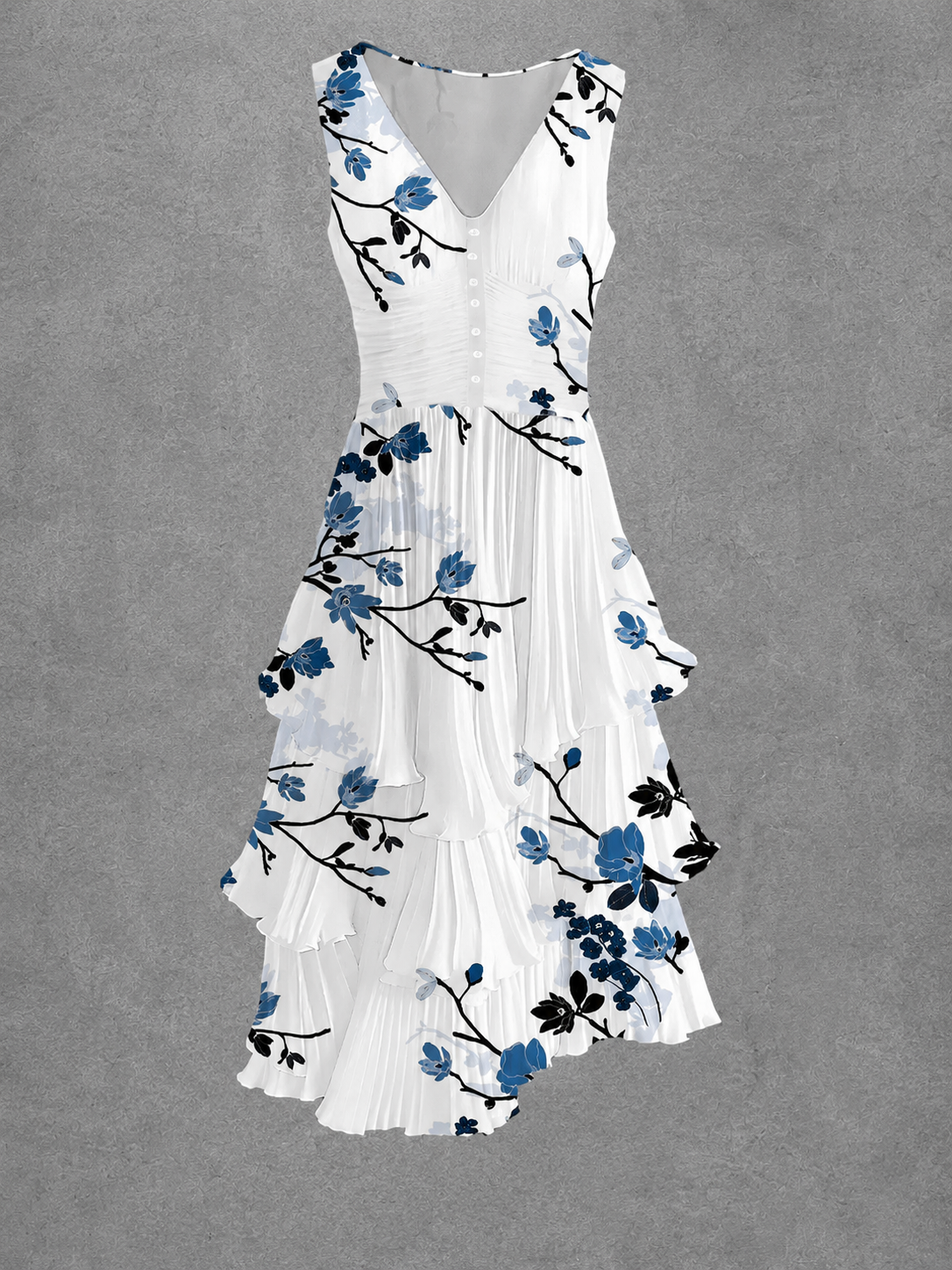 Floral Art Printed Vintage V-Neck Sleeveless Midi Dress