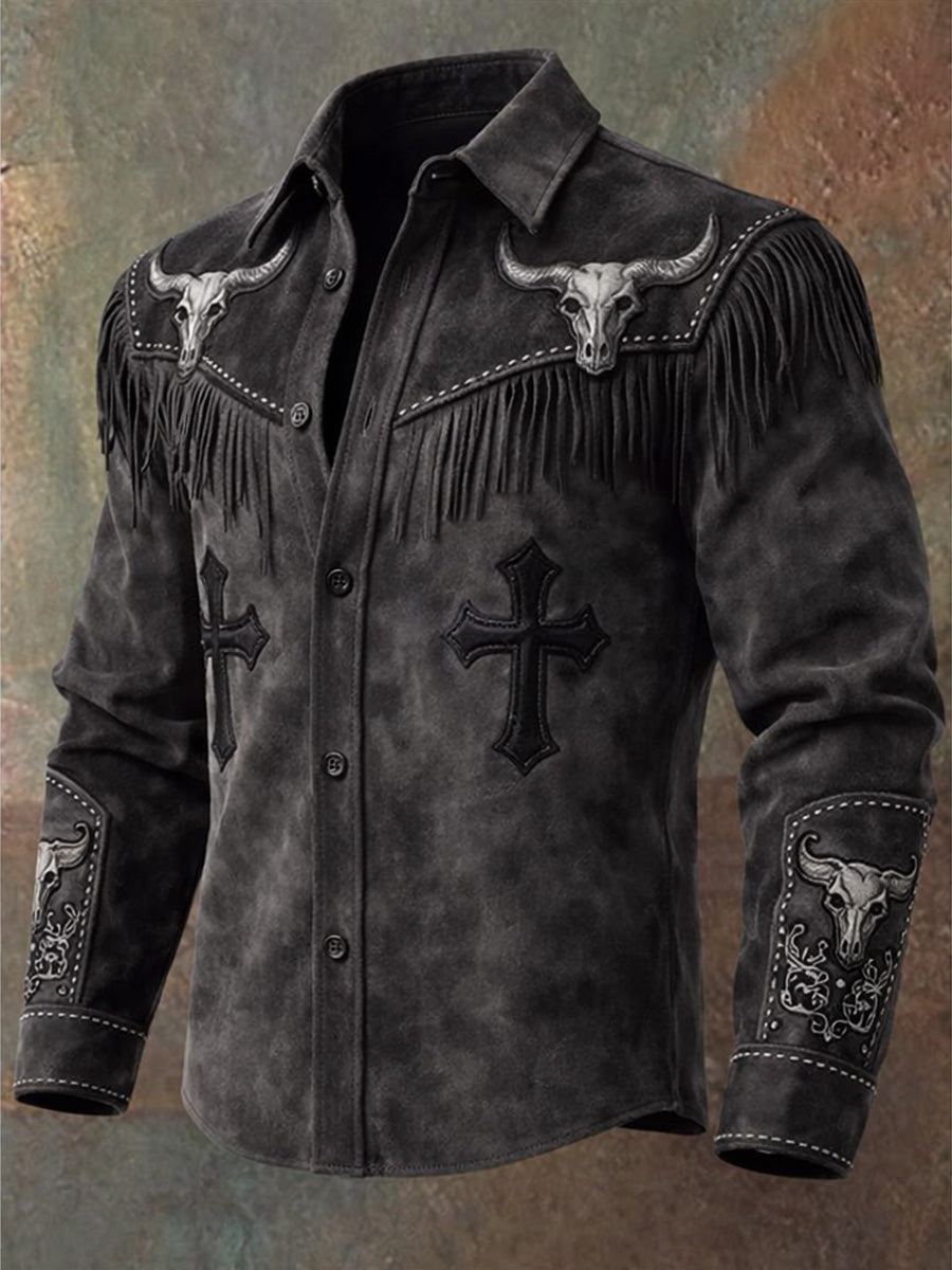 Men's Retro Western Style Art Print Vintage Tassel Casual Long Sleeve Shirt