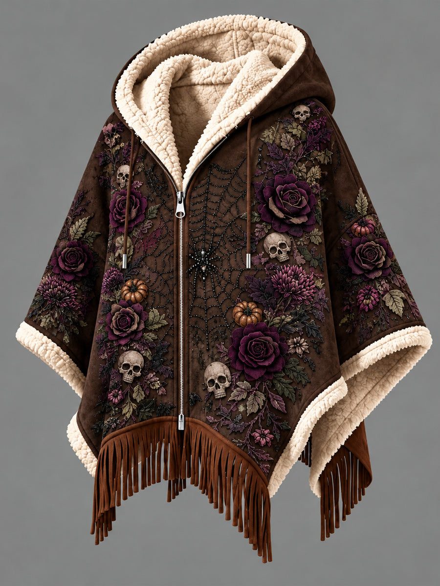 Women's Fall Winter Vintage Art Fleece-Lined Hooded Fringe Poncho