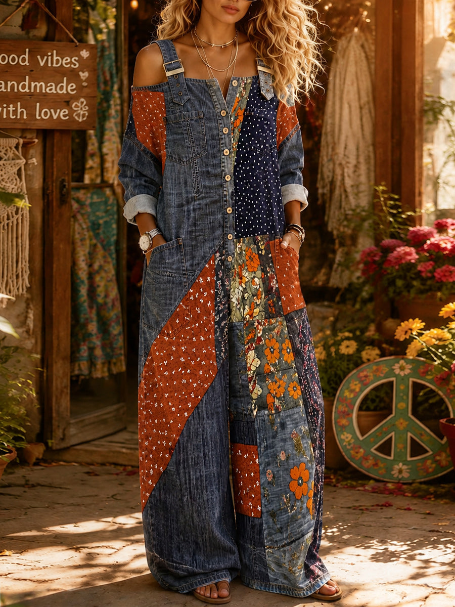Women's Retro Style Art Print Washed Cotton Denim Off-The-Shoulder Jumpsuit