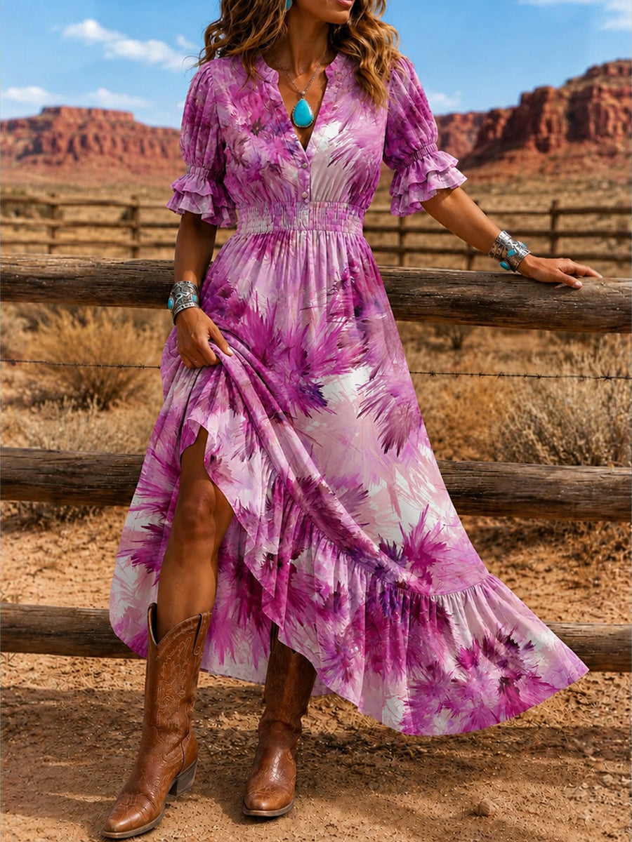 Women's Retro Art Print Washed Cotton Layered Patchwork Midi Dress