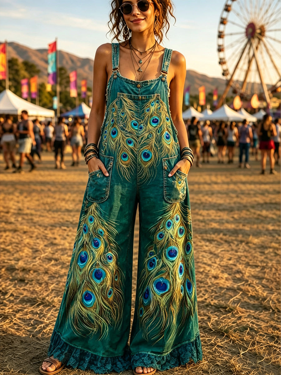 Women's Retro Style Art Print Washed Cotton Denim Patchwork Jumpsuit