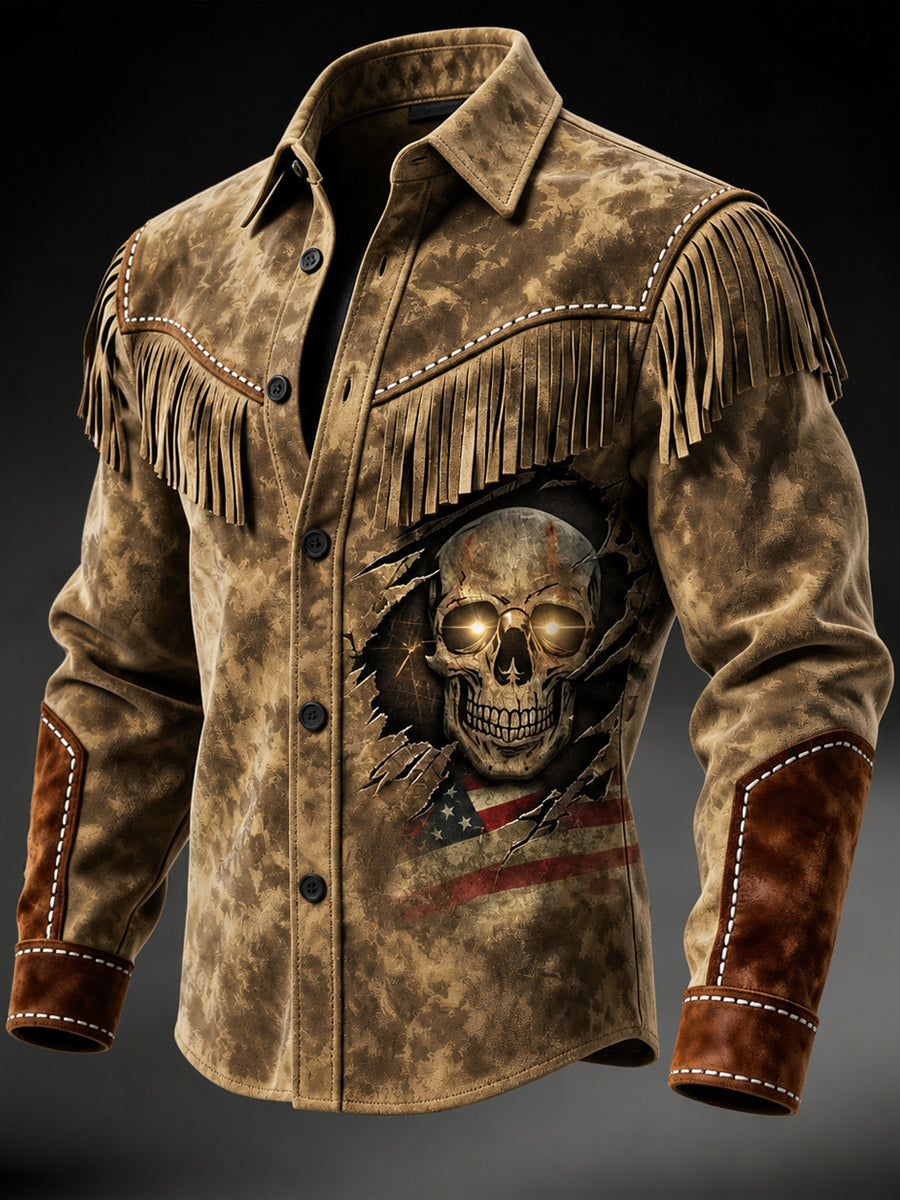 Men's Retro Style Art Print Western Vintage Tassel Casual Long Sleeve Shirt
