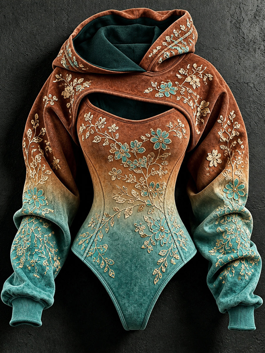 Women's Vintage Art Stretch Bodysuit Hooded Sweatshirt Two-Piece Set
