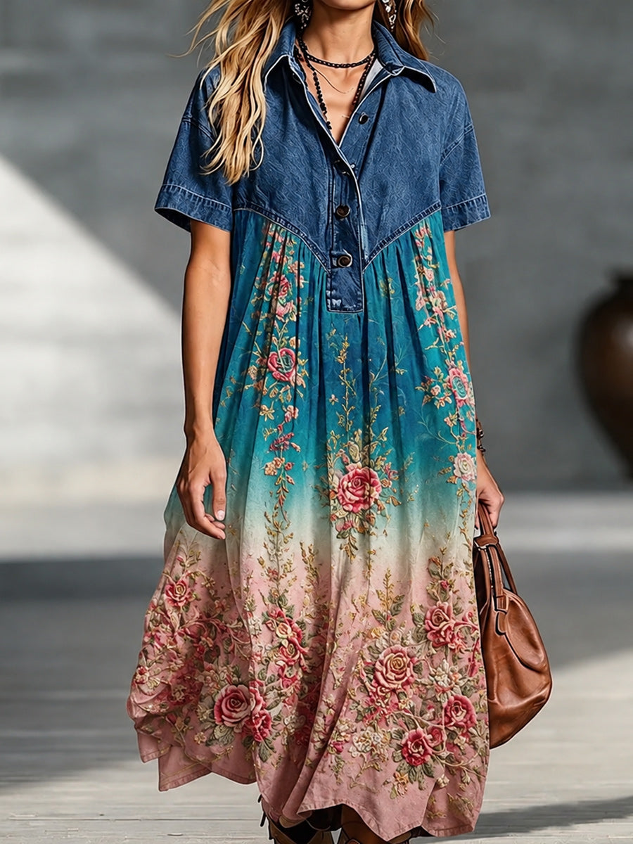 Denim Spliced Gradient Floral Shirt Maxi Dress