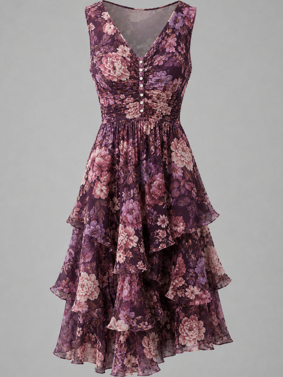 Floral Art Printed Vintage V-Neck Sleeveless Midi Dress