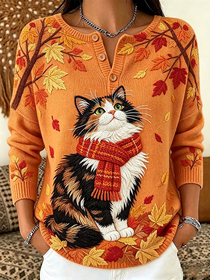 Women's Casual Print Button-Up Collar Knit Top
