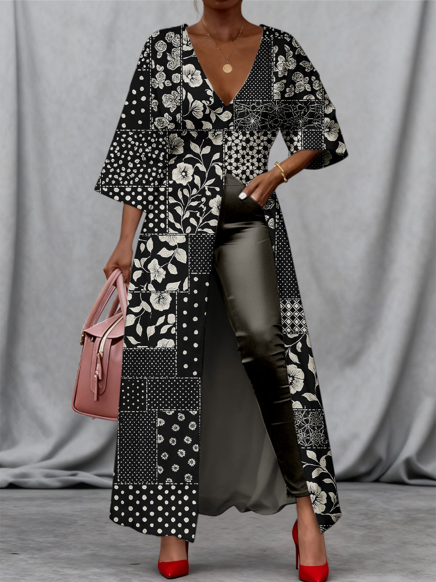 Retro Boho Floral Art Print Vintage Long Split Shirts Dress Skinny Pants Two-Piece Set