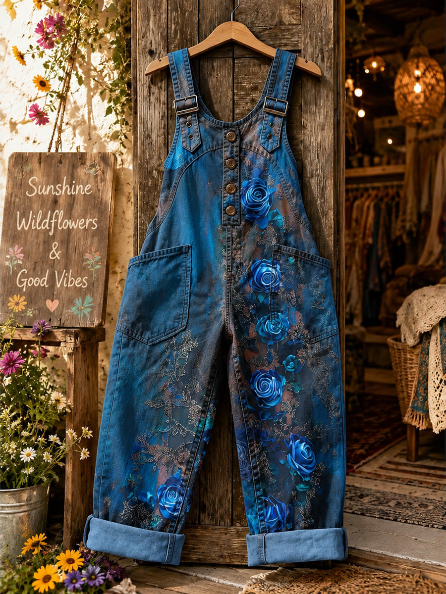 Women's Retro Style Art Print Washed Cotton Denim Patchwork Jumpsuit