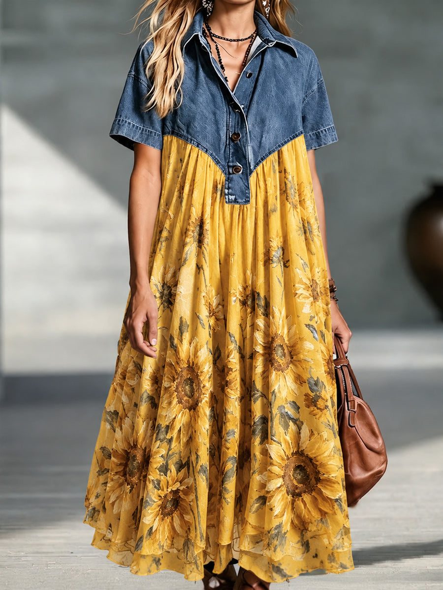 Denim Spliced Gradient Floral Shirt Maxi Dress