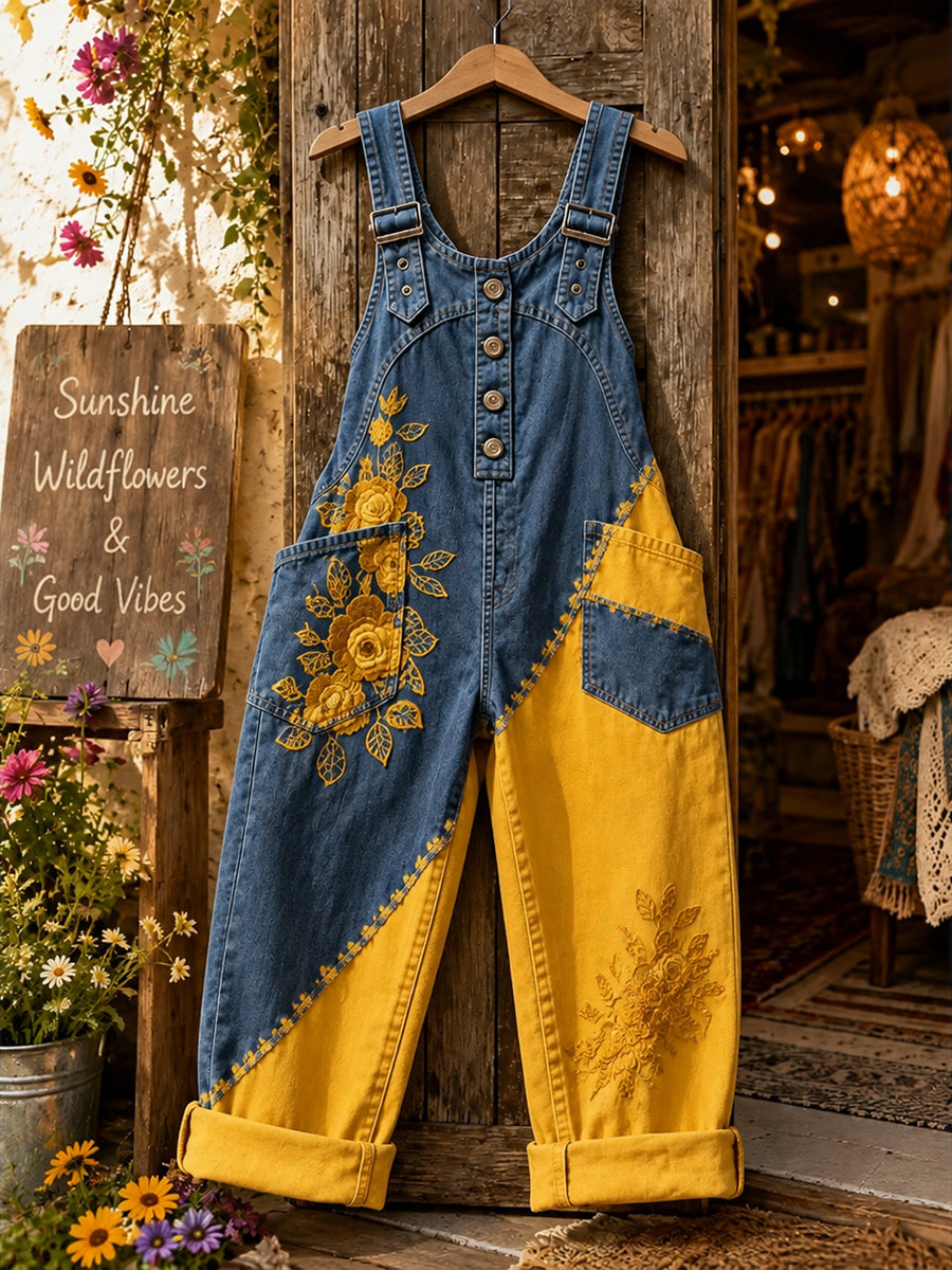 Women's Retro Style Art Print Washed Cotton Denim Patchwork Jumpsuit