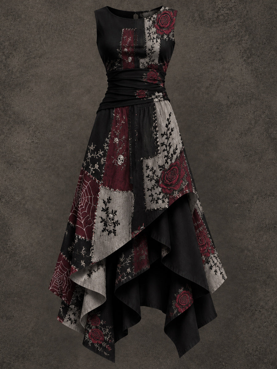 Retro Art Printed Vintage Sleeveless Irregularly Layered Stitched Midi Dress