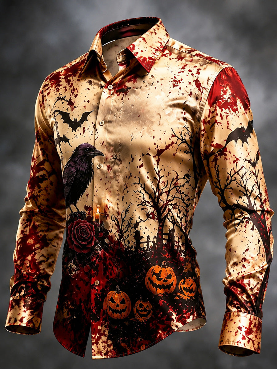 Retro Gothic Skeleton Art Print Cotton Vintage Casual Cotton Long Sleeve Shirt