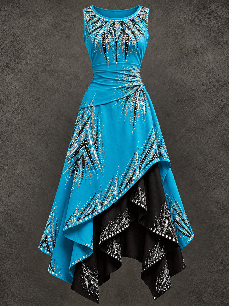 Retro Art Printed Vintage Sleeveless Irregularly Layered Stitched Midi Dress