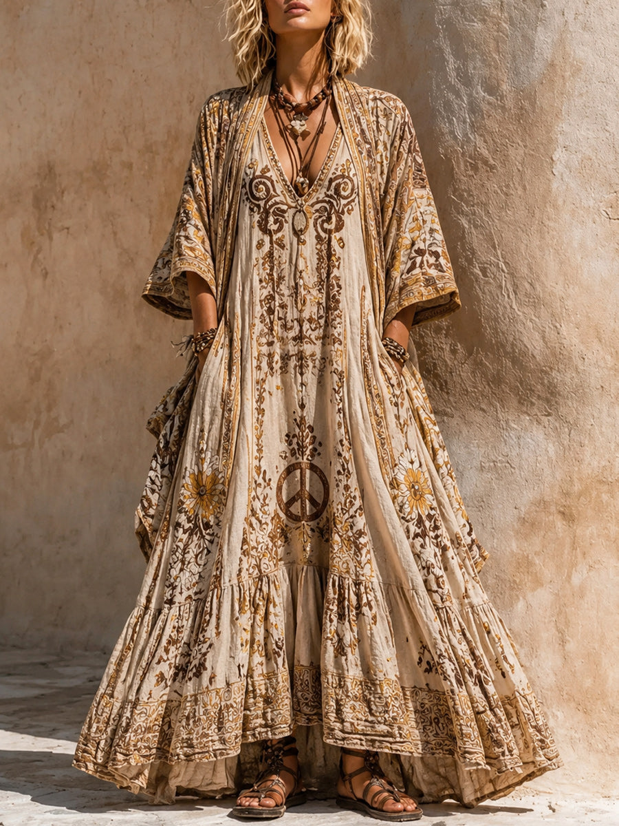Retro Style Art Printed Vintage Camisole Dress Long Sleeve Two-Piece Maxi Dress
