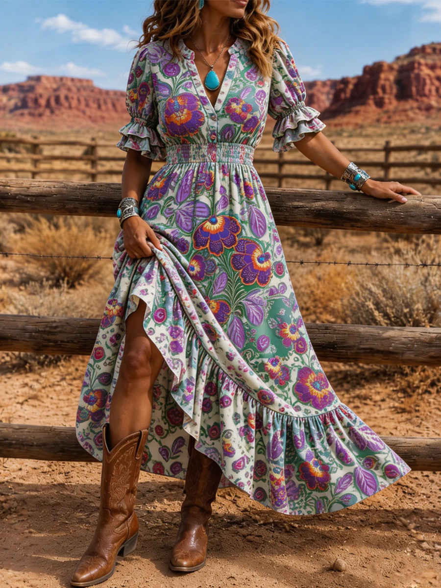 Women's Retro Art Print Washed Cotton Layered Patchwork Midi Dress