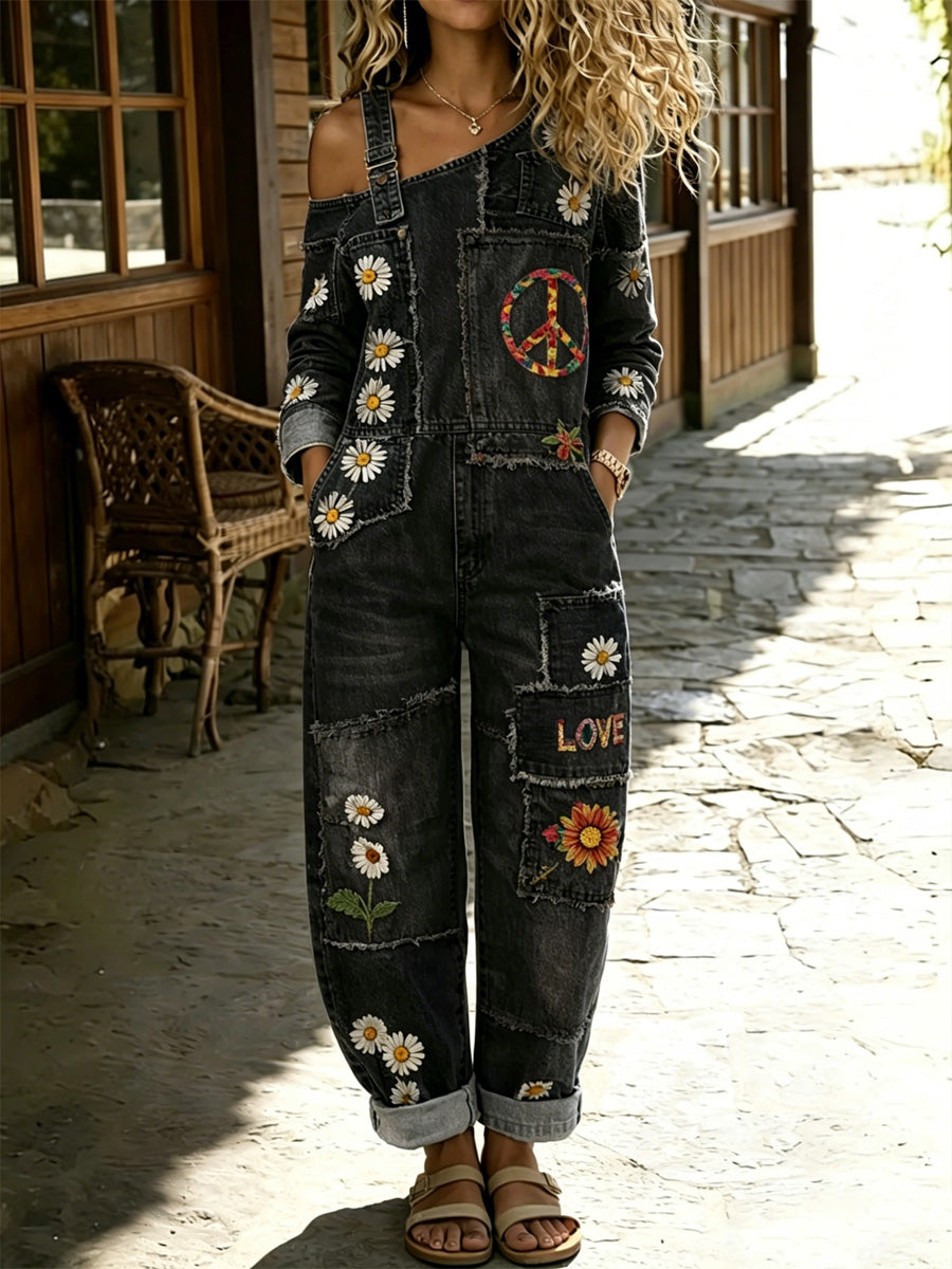 Women's Retro Floral Color-Blocked Art Print Washed Cotton Denim Patchwork Jumpsuit