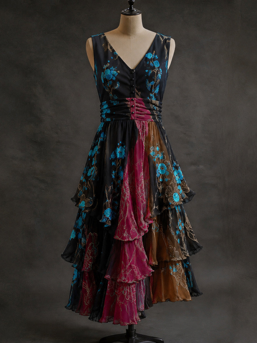 Retro Art Print Vintage V-Neck Button Up Midi Dress