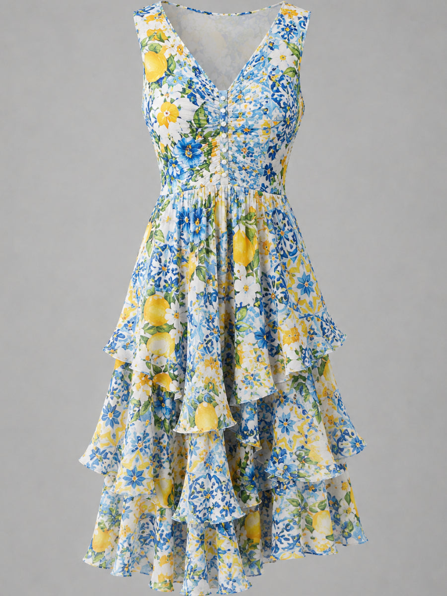 Floral Art Printed Vintage V-Neck Sleeveless Midi Dress