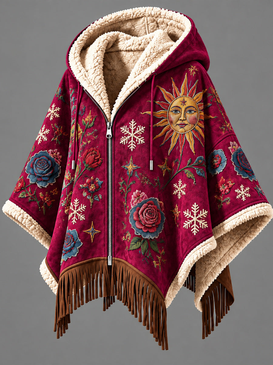 Women's Fall Winter Vintage Art Fleece-Lined Hooded Fringe Poncho
