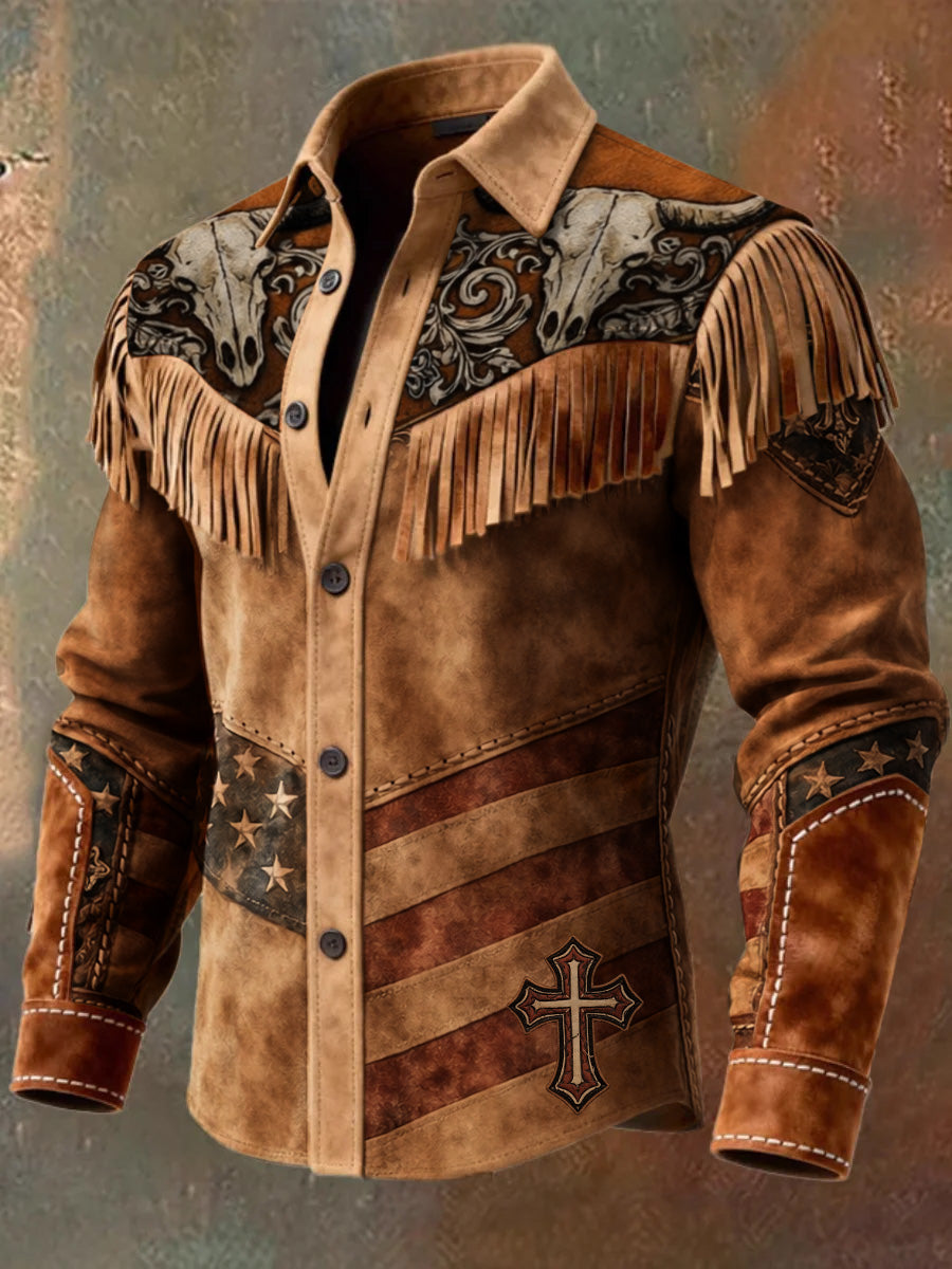 Men's Retro Western Style Art Print Vintage Tassel Casual Long Sleeve Shirt