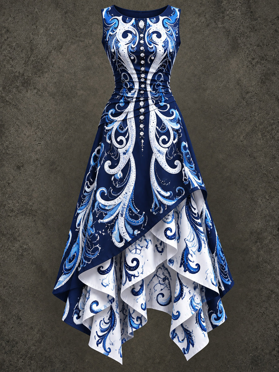 Retro Art Printed Vintage Sleeveless Irregularly Layered Stitched Midi Dress