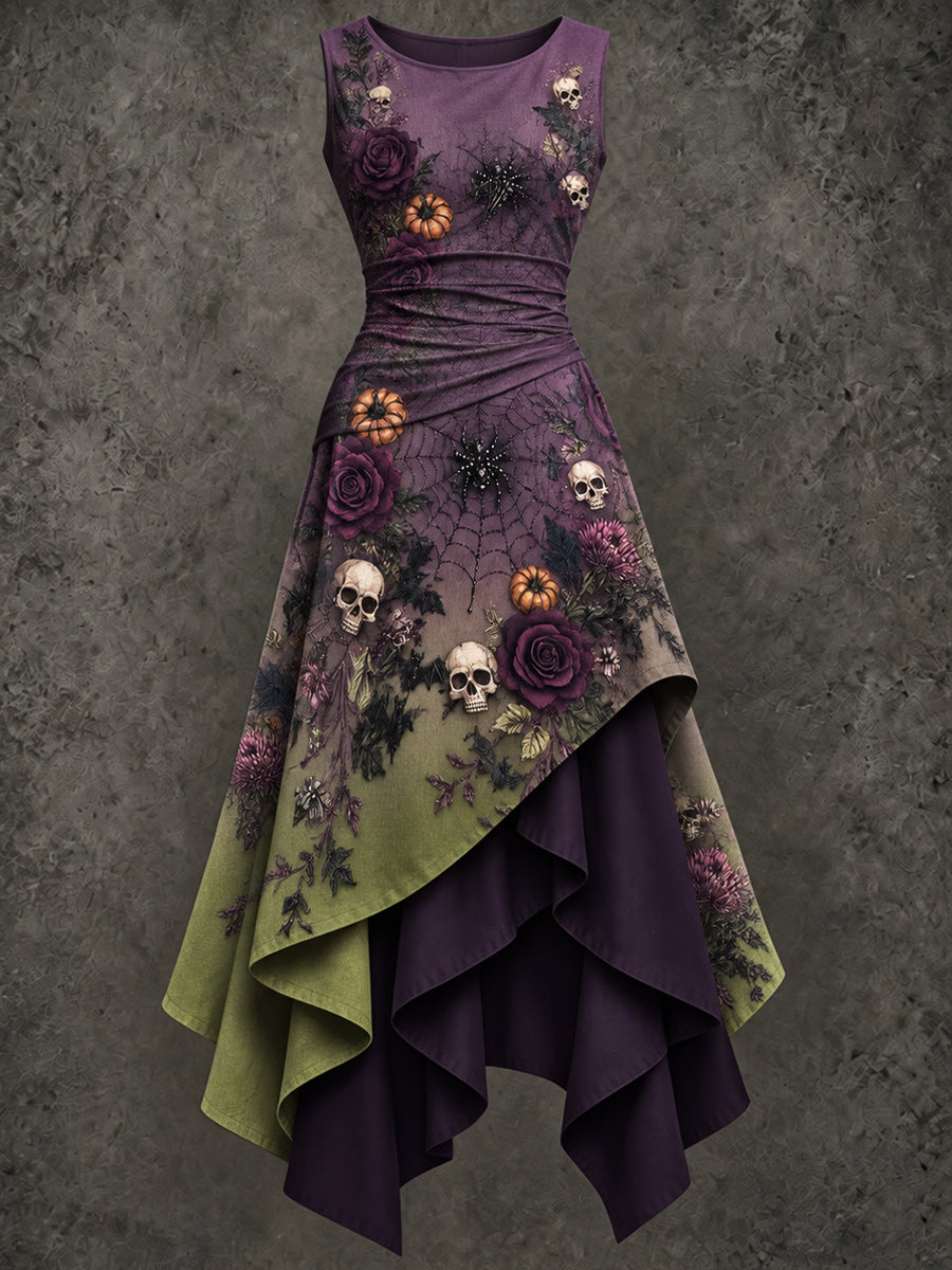 Retro Art Printed Vintage Sleeveless Irregularly Layered Stitched Midi Dress