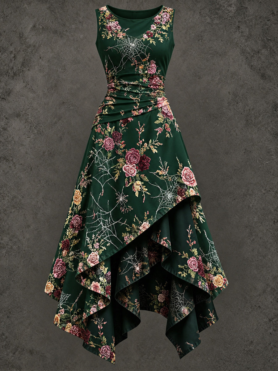 Retro Art Printed Vintage Sleeveless Irregularly Layered Stitched Midi Dress