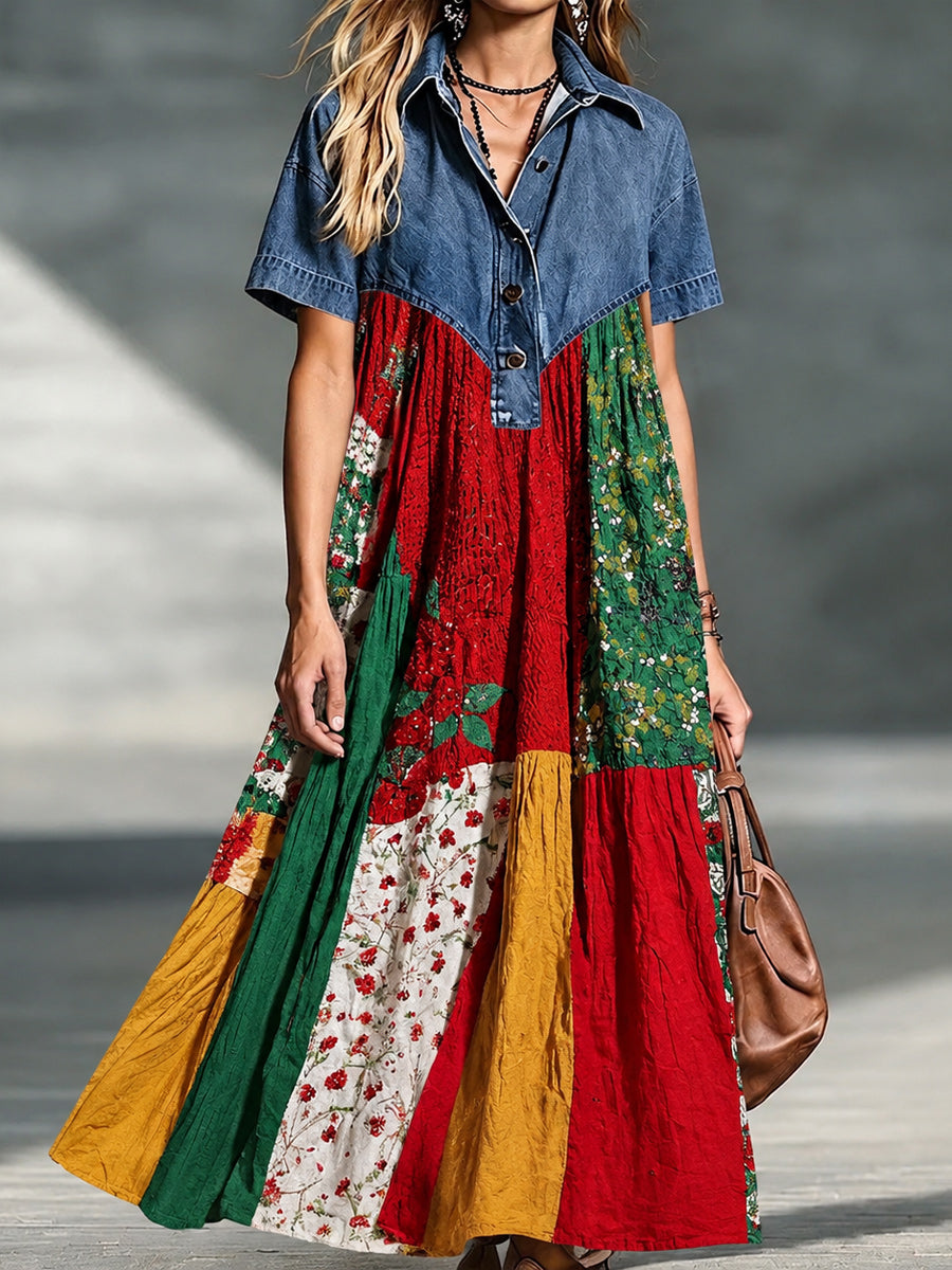Denim Spliced Gradient Floral Shirt Maxi Dress