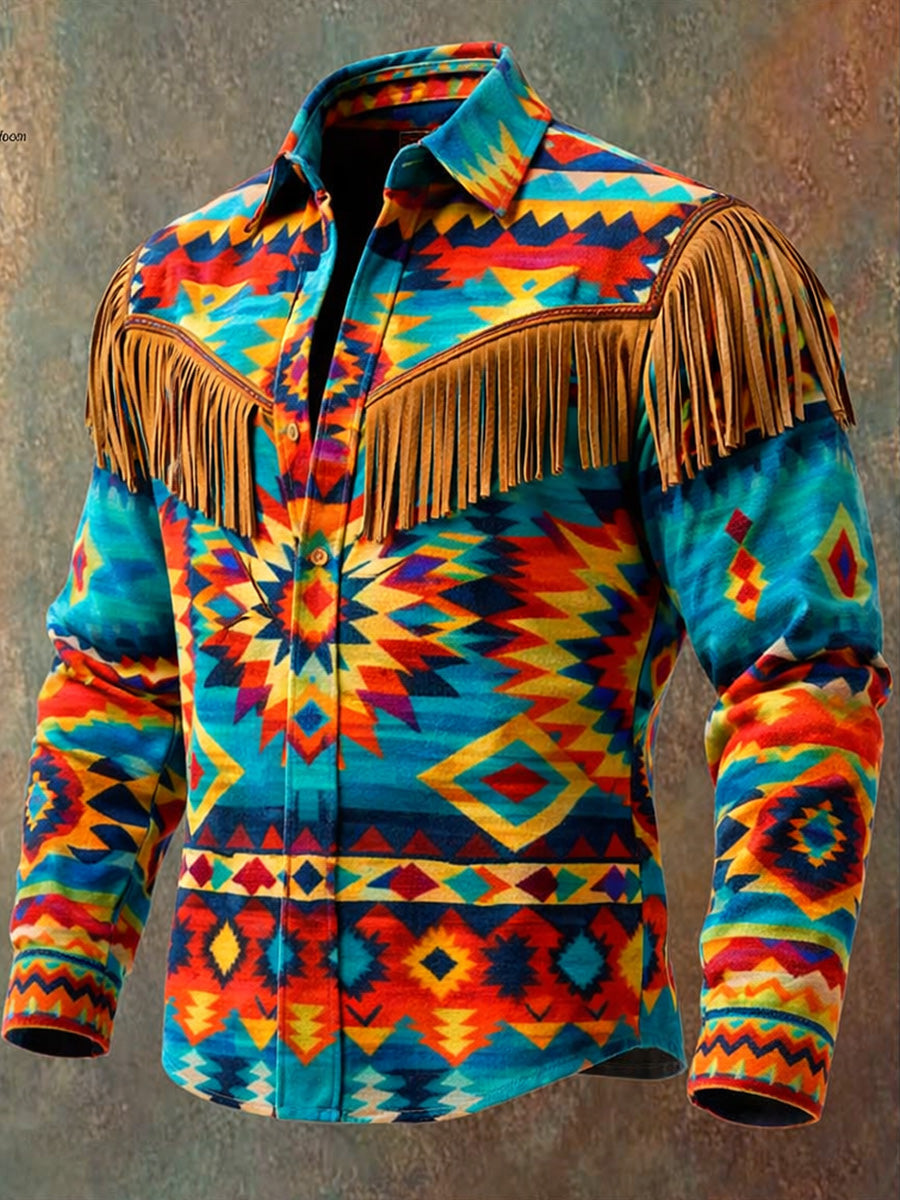 Men's Retro Leisurely Style Art Print Western Vintage Tassel Casual Long Sleeve Shirt