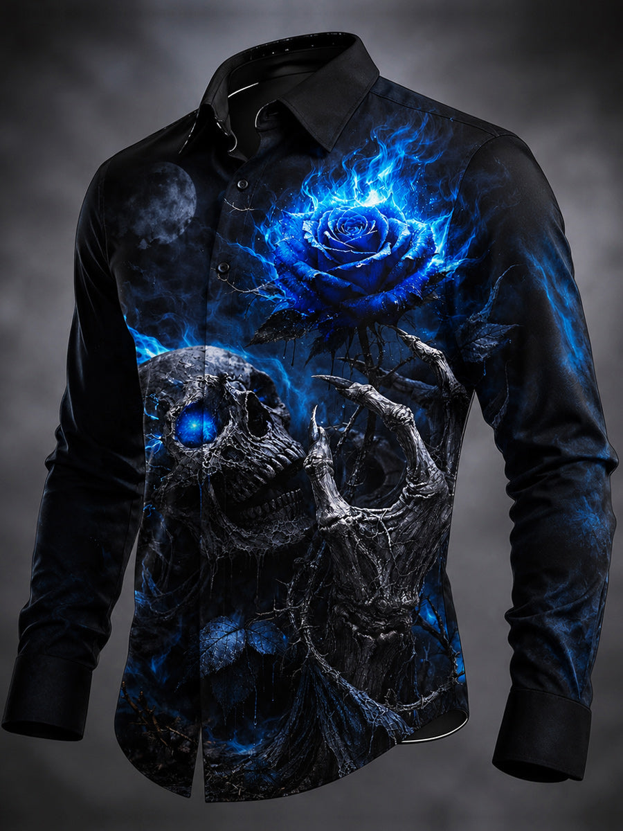 Retro Gothic Skeleton Art Print Cotton Vintage Casual Cotton Long Sleeve Shirt