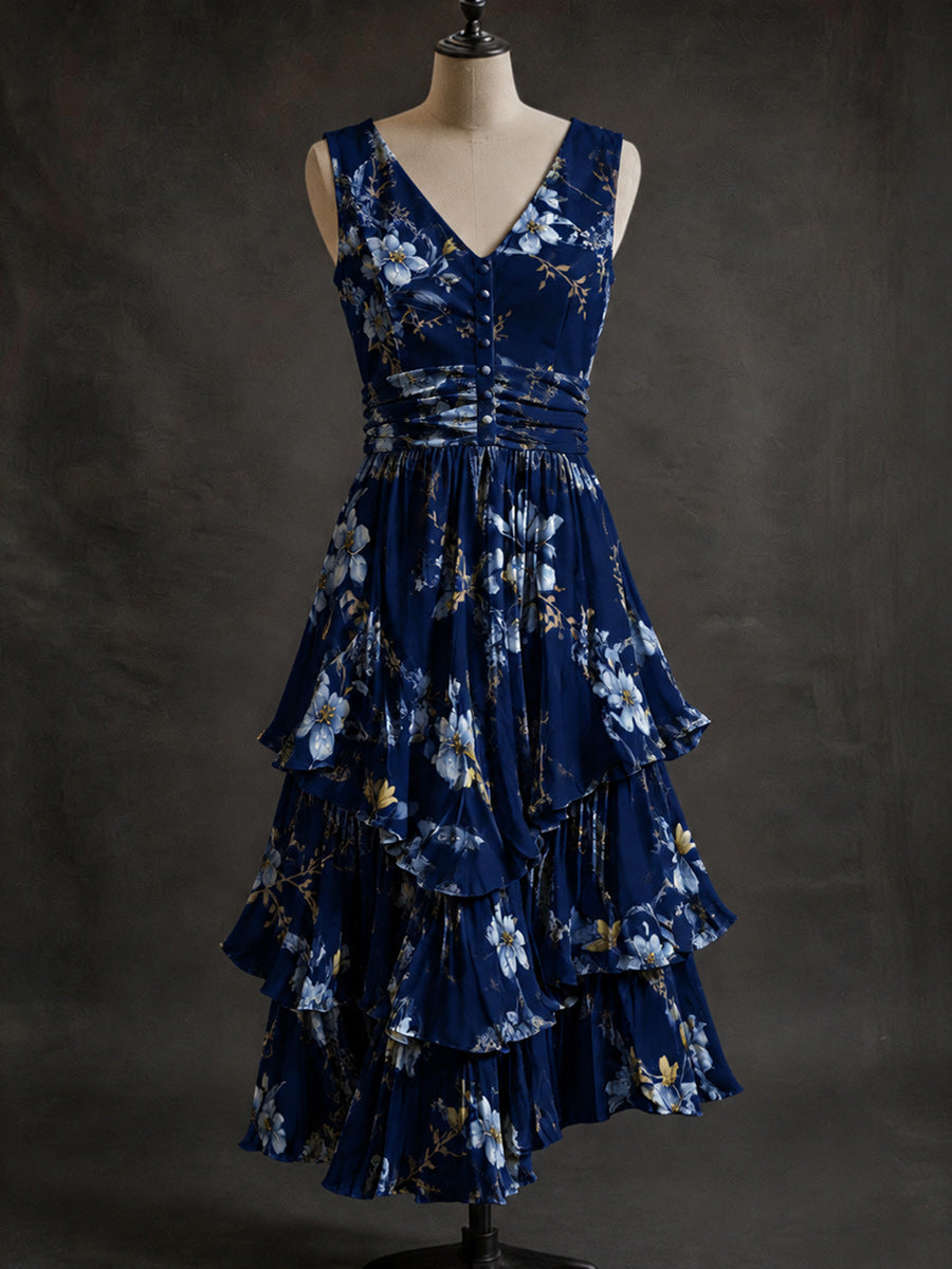 Retro Art Print Vintage V-Neck Button Up Midi Dress