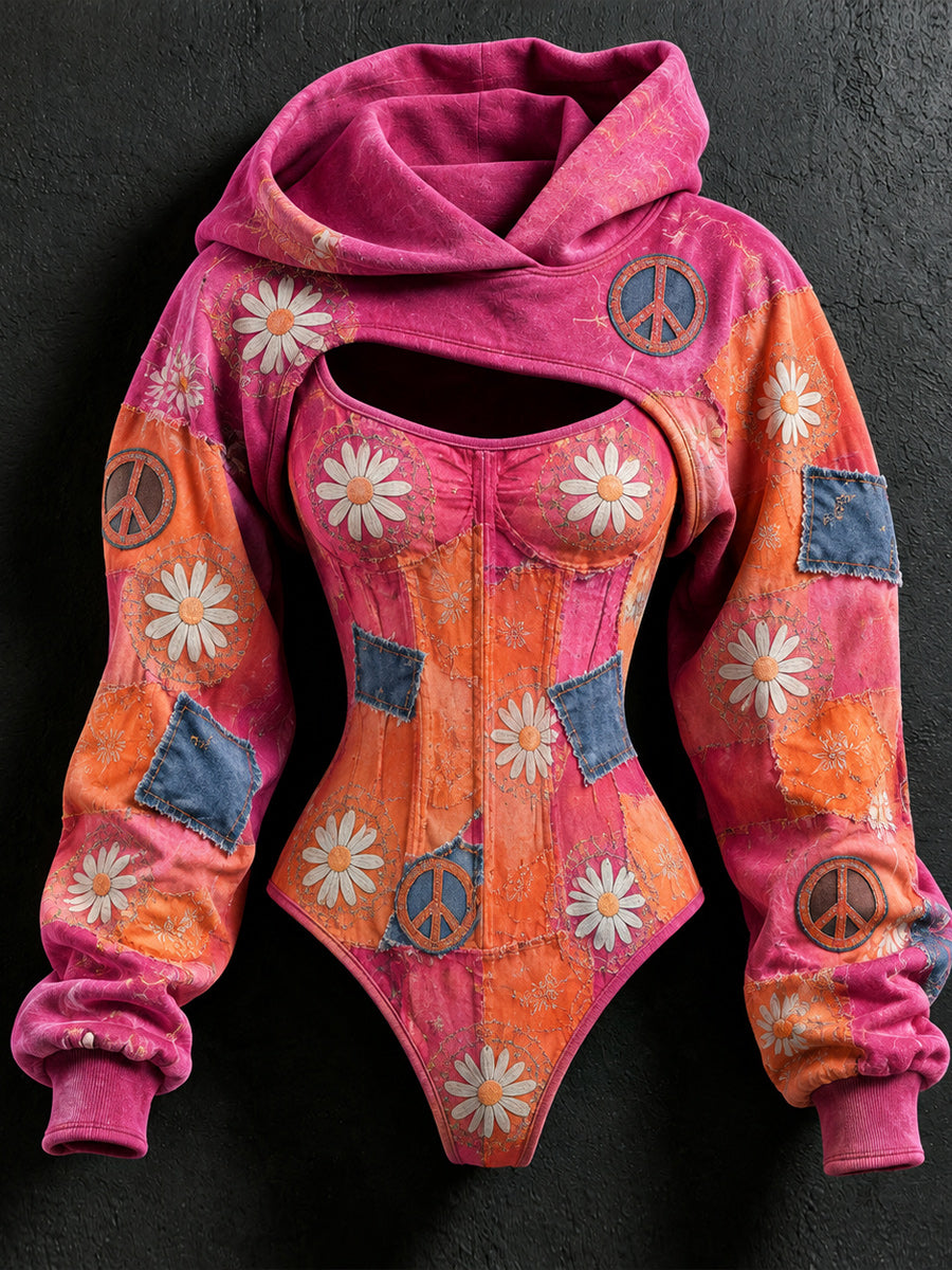 Women's Vintage Art Stretch Bodysuit Hooded Sweatshirt Two-Piece Set