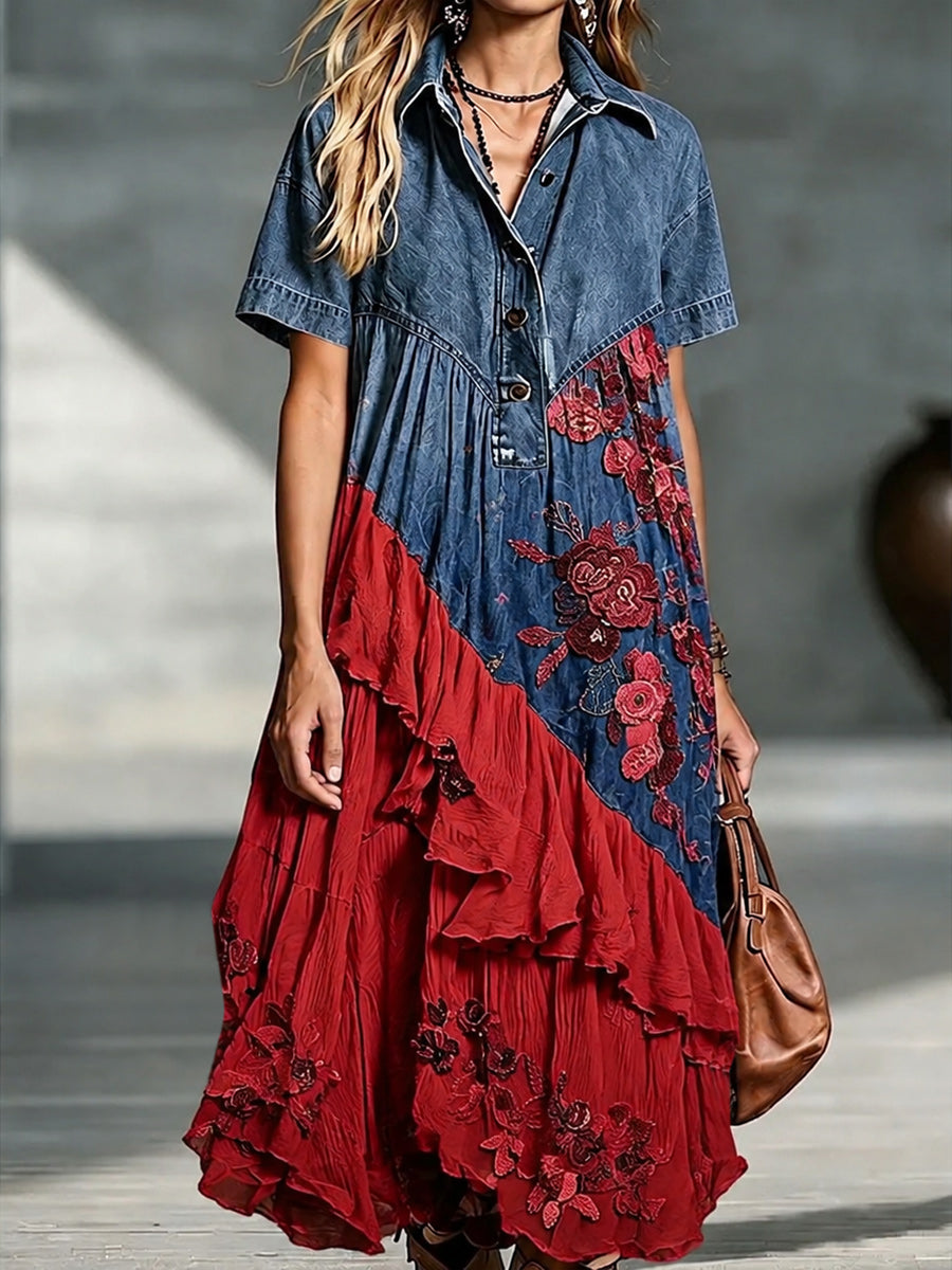 Denim Spliced Gradient Floral Shirt Maxi Dress