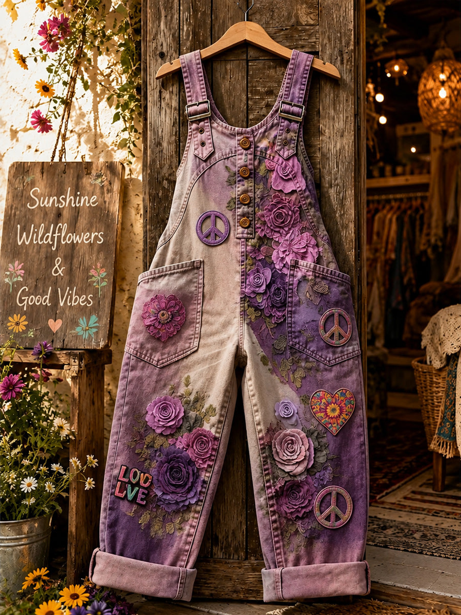 Women's Retro Style Art Print Washed Cotton Denim Patchwork Jumpsuit