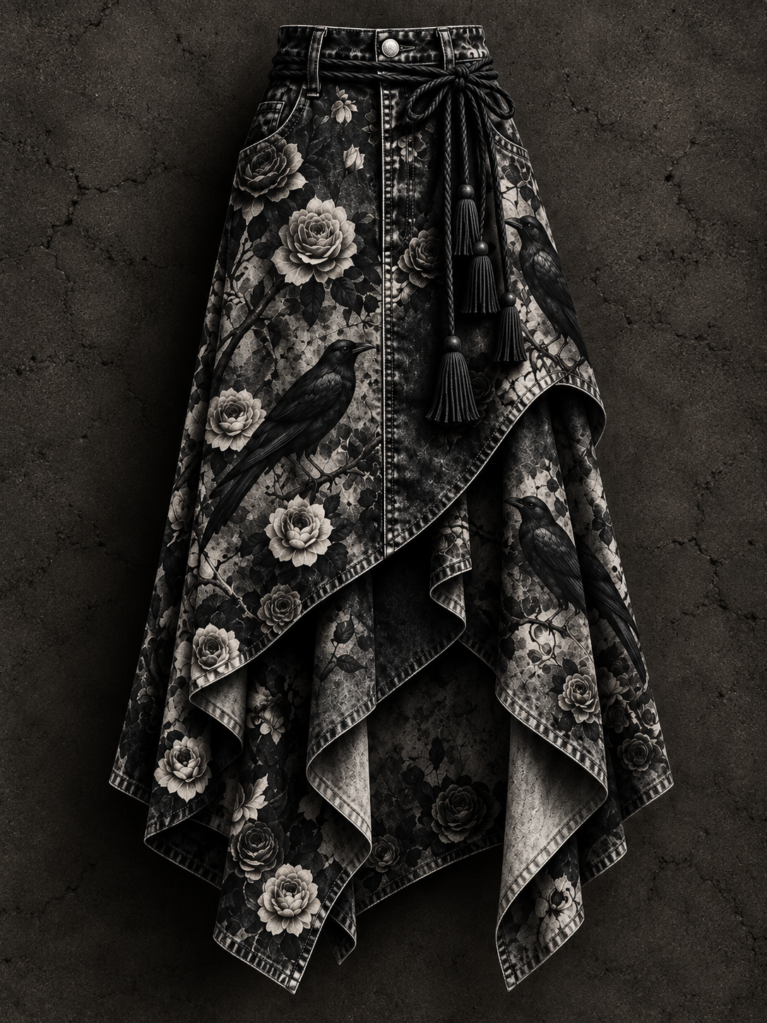 Women's Gothic Raven Floral Art Print Irregularly Layered Stitched Skirt