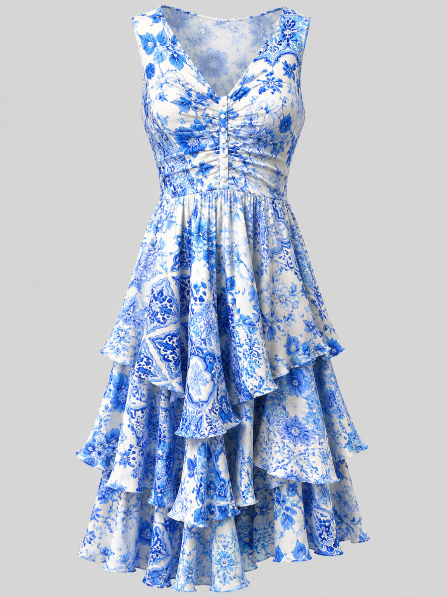 Floral Art Printed Vintage V-Neck Sleeveless Midi Dress