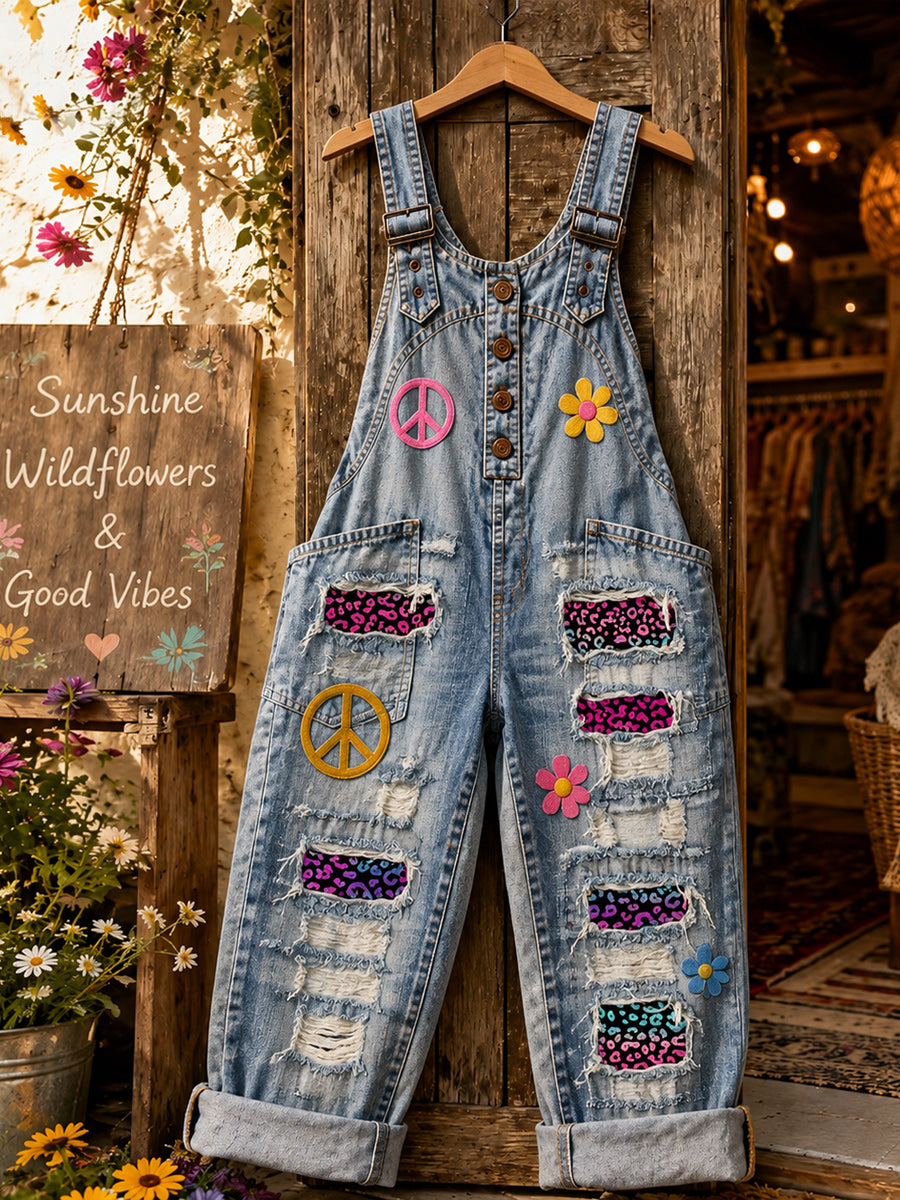 Women's Retro Style Art Print Washed Cotton Denim Patchwork Jumpsuit