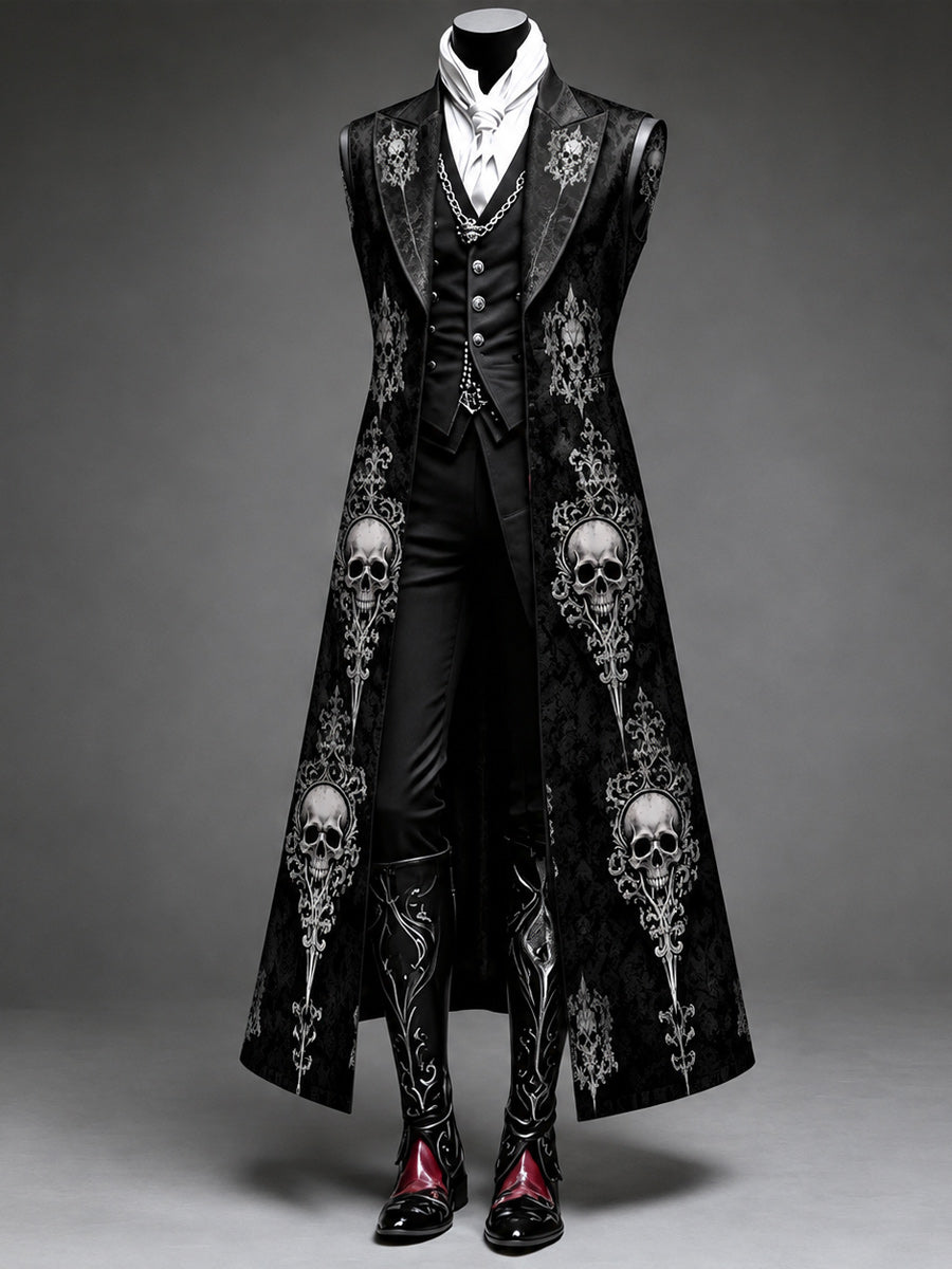 Men's Gothic Punk Art Print Casual Sleeveless Long-Style Suit Blazer Jacket