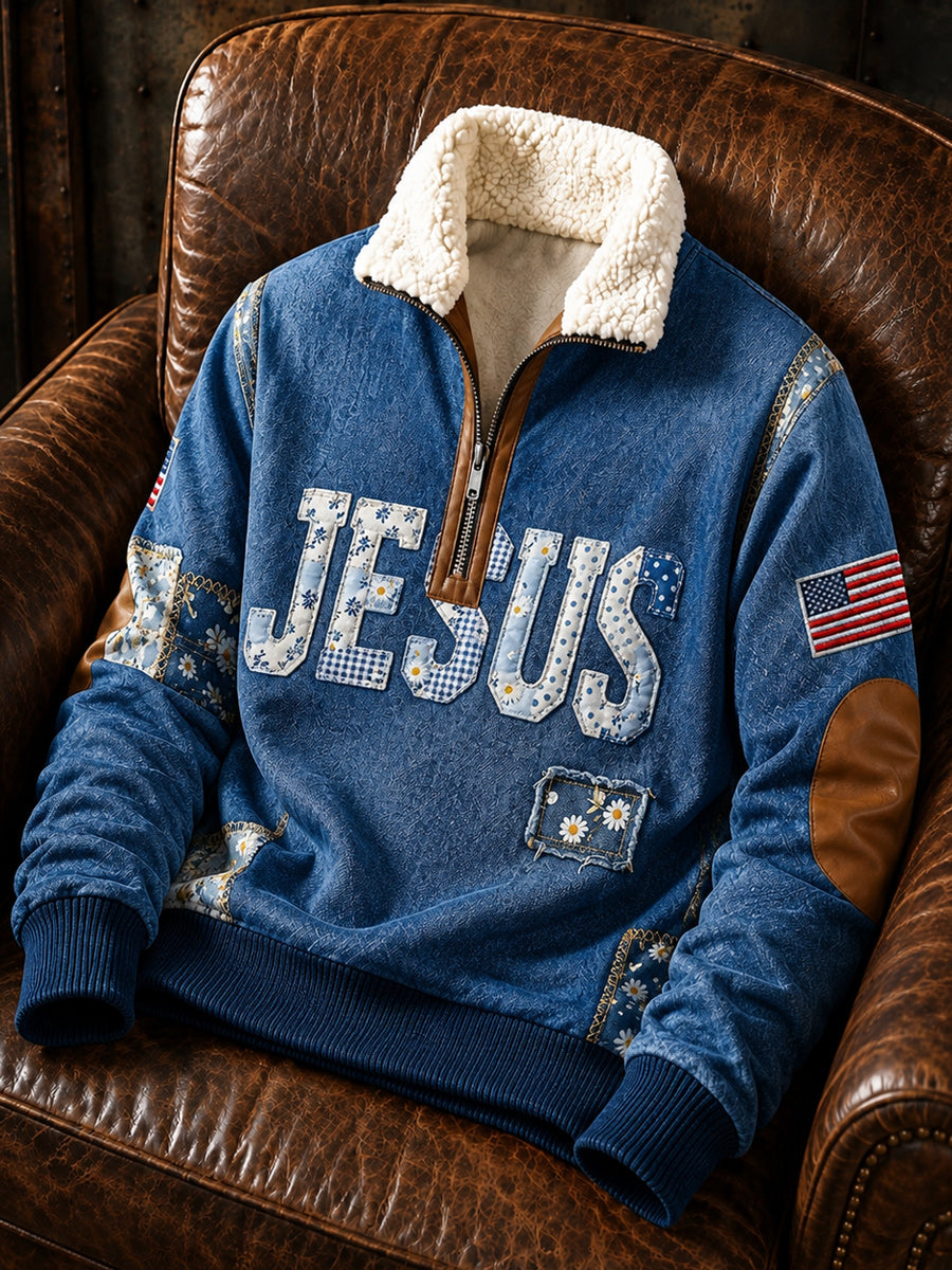 Men's Retro Style Art Print Jacquard Fabric Zipper Fur Collar Long Sleeve Sweatshirt