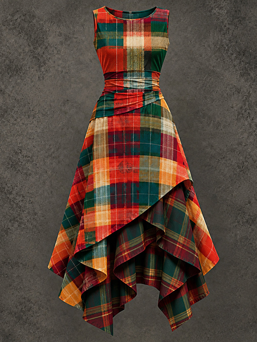 Retro Art Printed Vintage Sleeveless Irregularly Layered Stitched Midi Dress