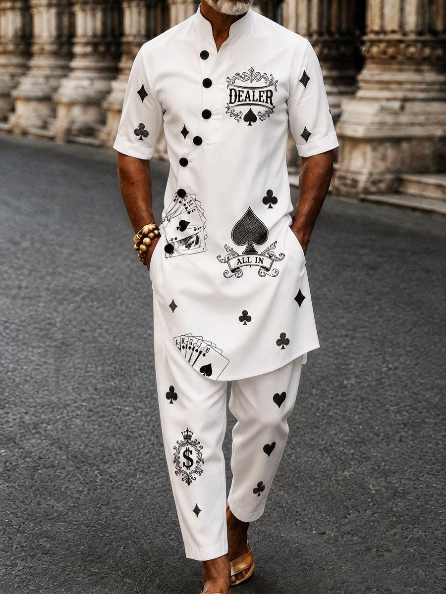 Men's Poker Card Art Casual Vacation Cotton Shirt Set