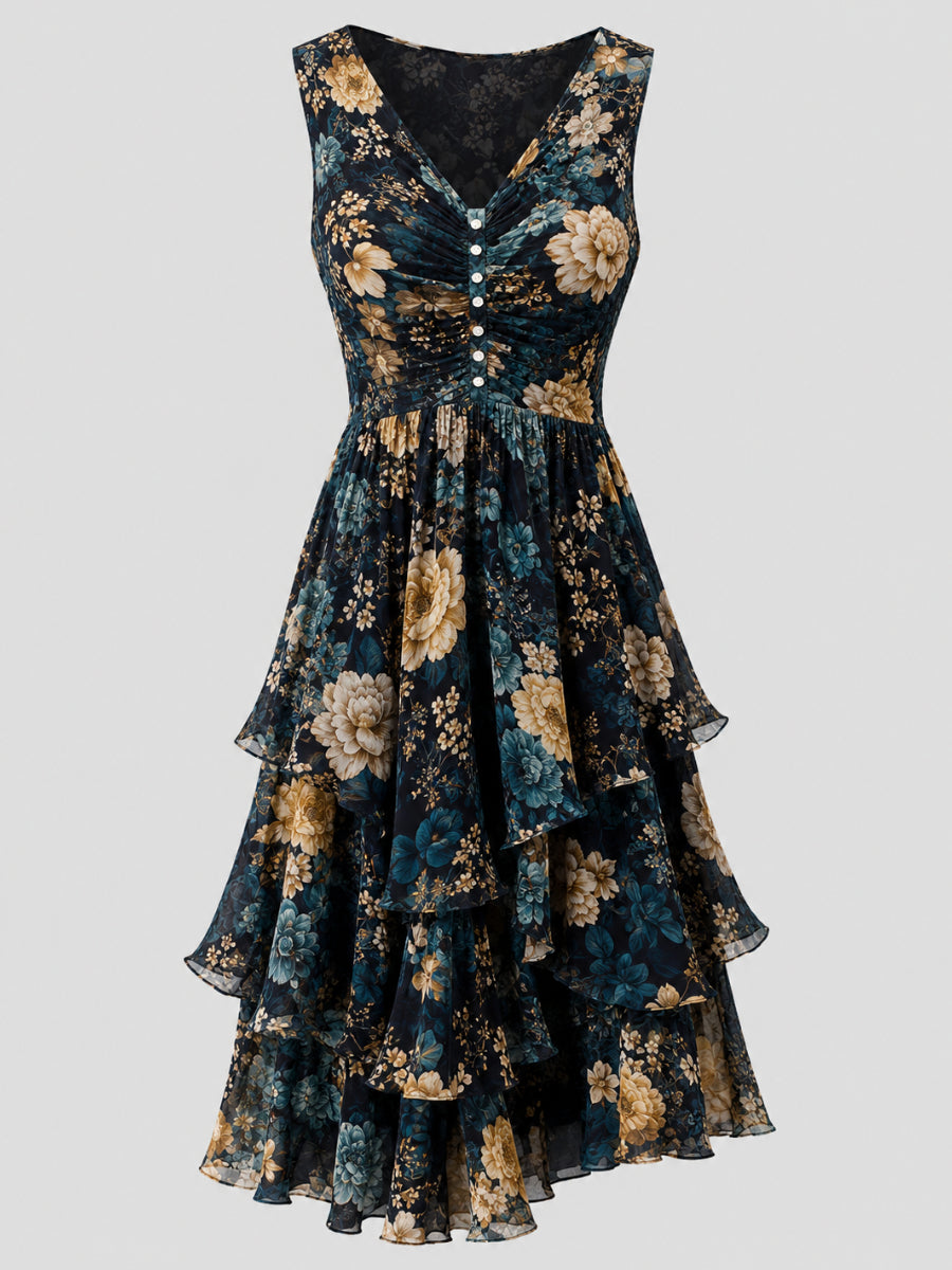 Floral Art Printed Vintage V-Neck Sleeveless Midi Dress