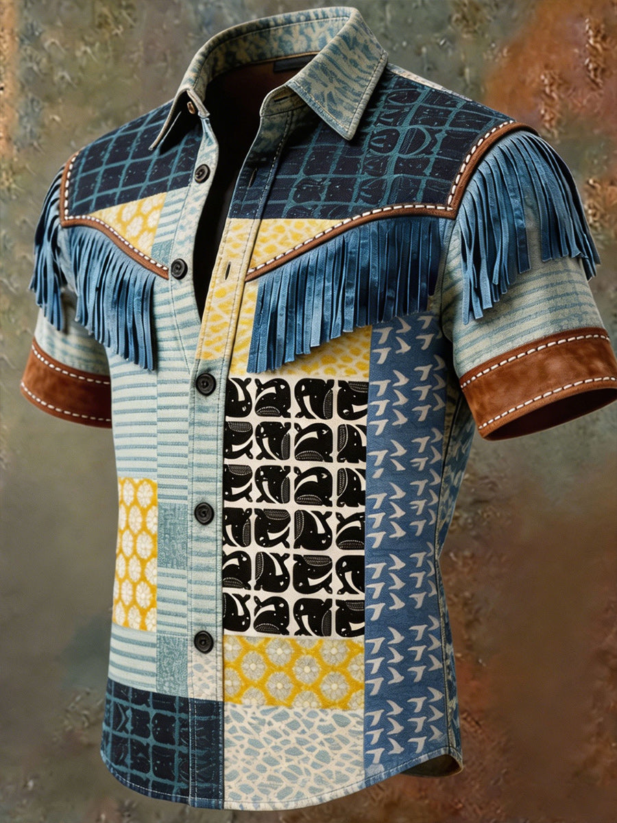 Men's Retro Western Printed Vintage Tassel Casual Short Sleeves Shirt