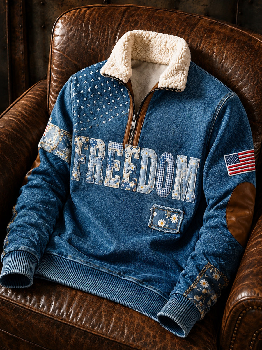 Men's Retro Style Art Print Jacquard Fabric Zipper Fur Collar Long Sleeve Sweatshirt