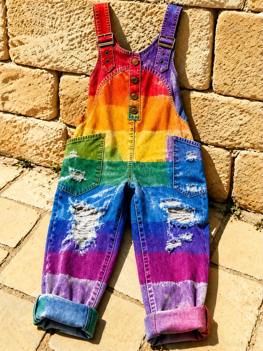 Women's Retro Pride Month Rainbow Art Print Washed Cotton Denim Patchwork Jumpsuit