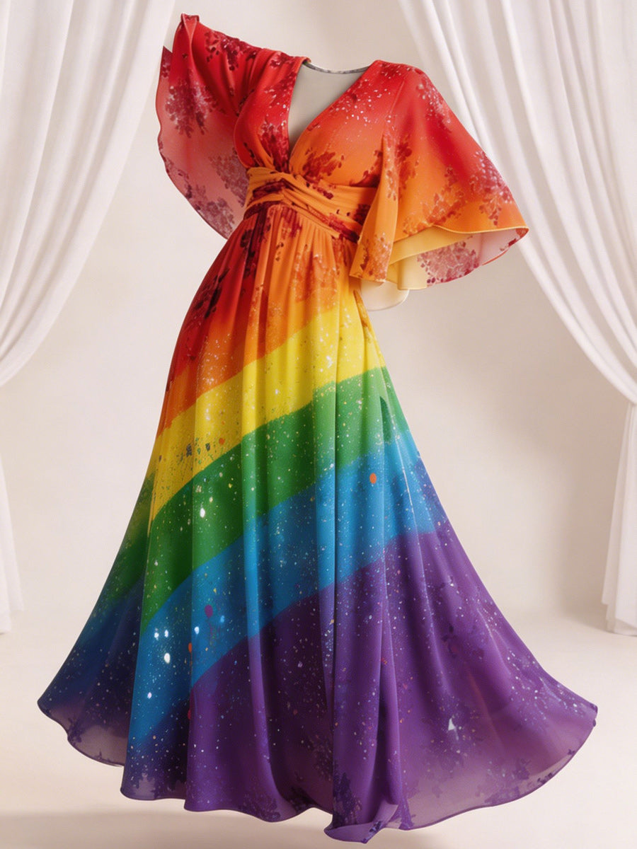 Retro Style Art Printed Elegant V-Neck Vintage Wide-Sleeved Sleeves Maxi Dress