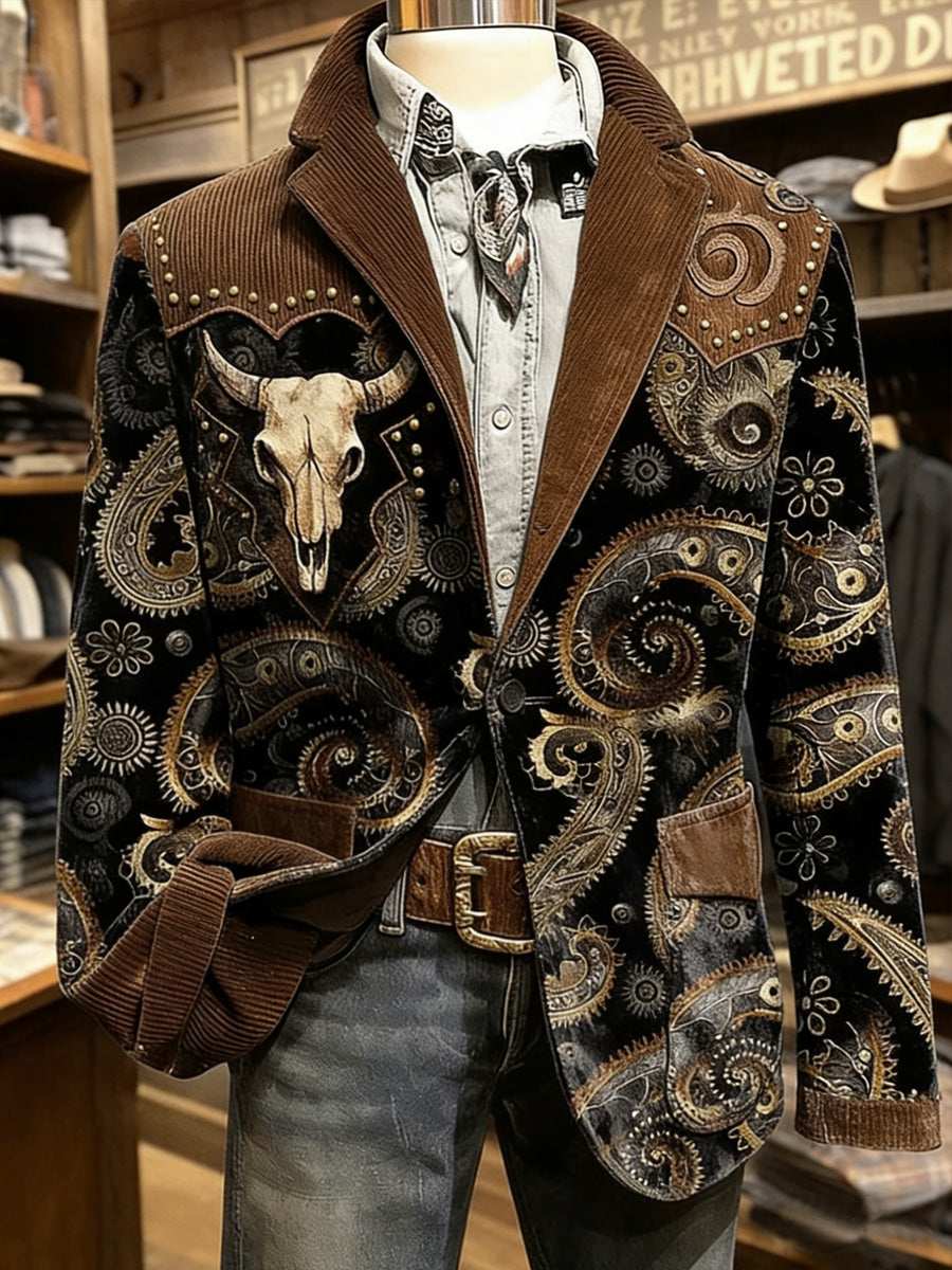 Men's Retro Western Style Paisley Art Print Casual Corduroy Pocket Blazers