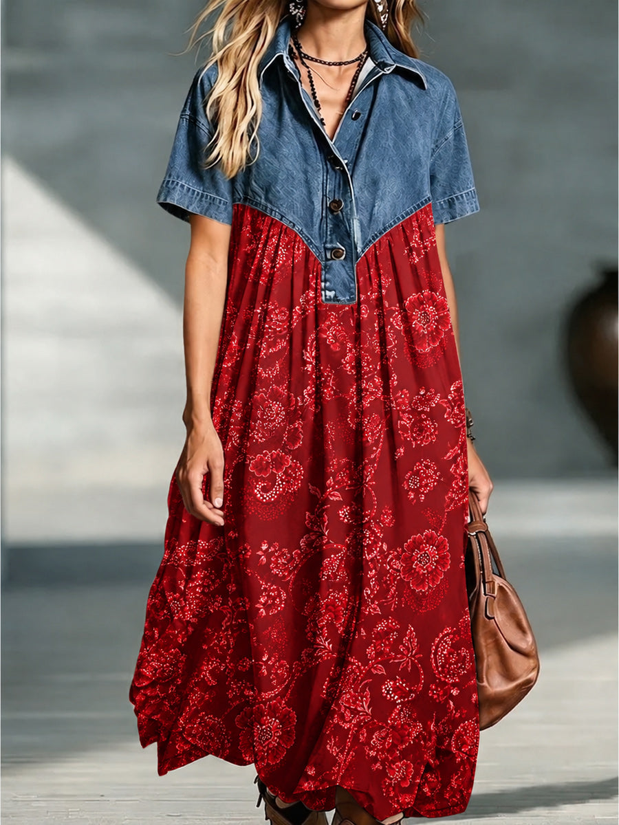 Denim Spliced Gradient Floral Shirt Maxi Dress