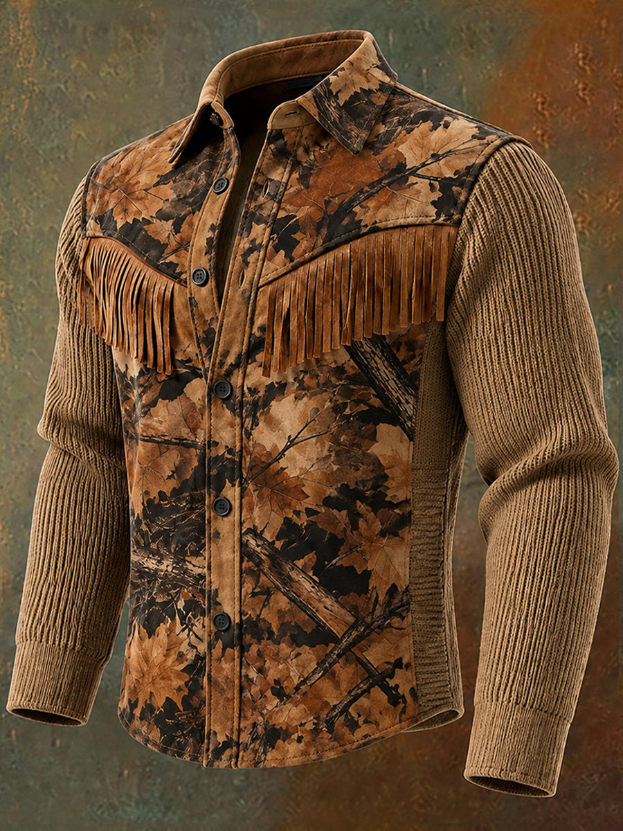 Men's Retro Style Art Print Western Vintage Tassel Casual Long Sleeve Shirt